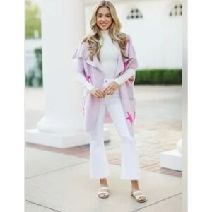 J. Marie Anniston Cardigan Open Front Pink Stars Purple Spring Pastel Womens M/L